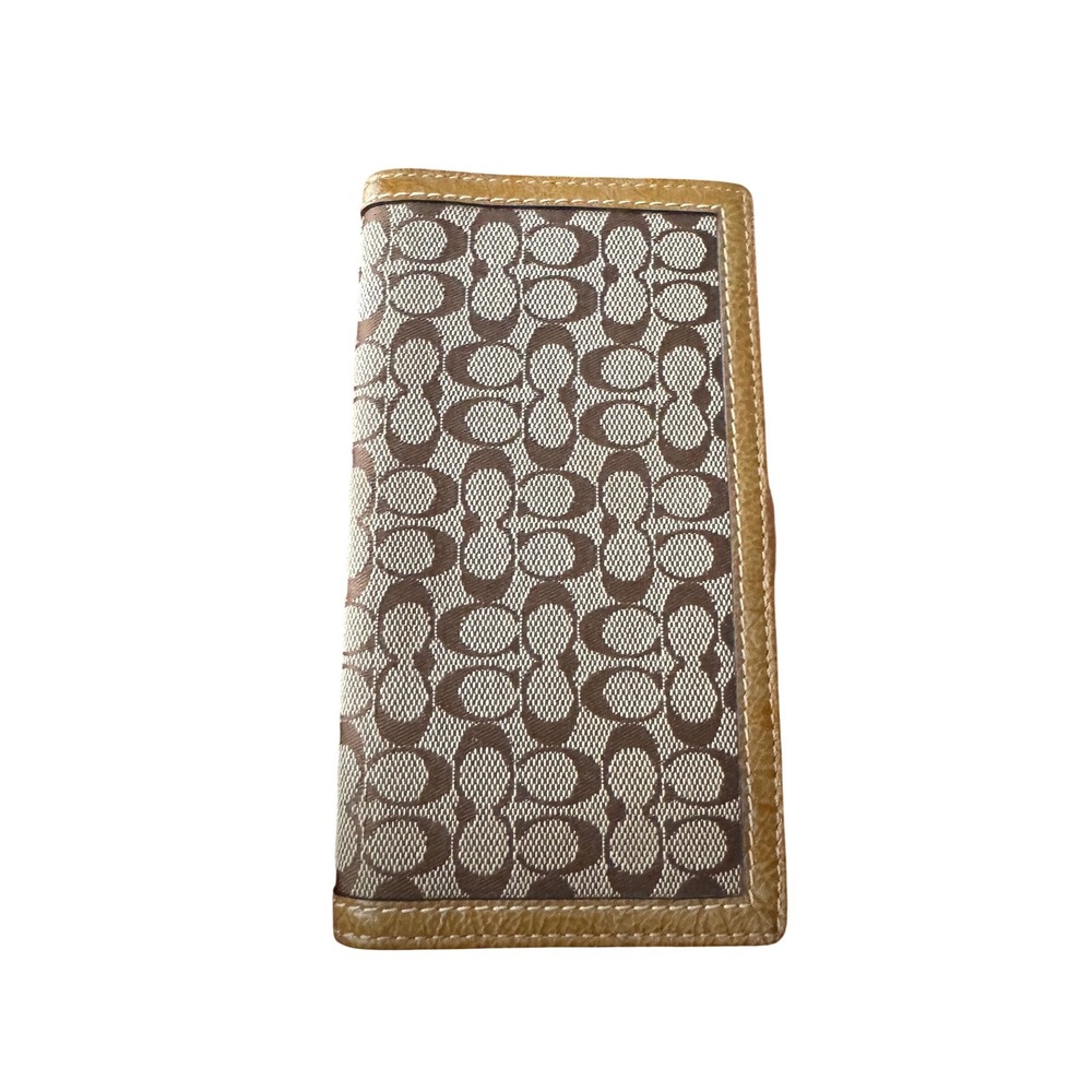 Coach Brown Signature C Jacquard Leather Trim Checkbook Cover 6.75x3.75 Prelove - Picture 2 of 9